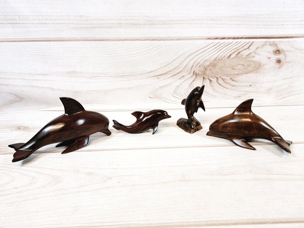 Hand Carved Wooden Dolphin Sculptures Figurines Nautical Decor - Lot of 4